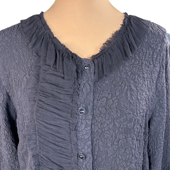 URU Black Floral Silk Long Sleeve Blouse Chiffon Trim Made in USA Lagenlook OSFM - Picture 5 of 7